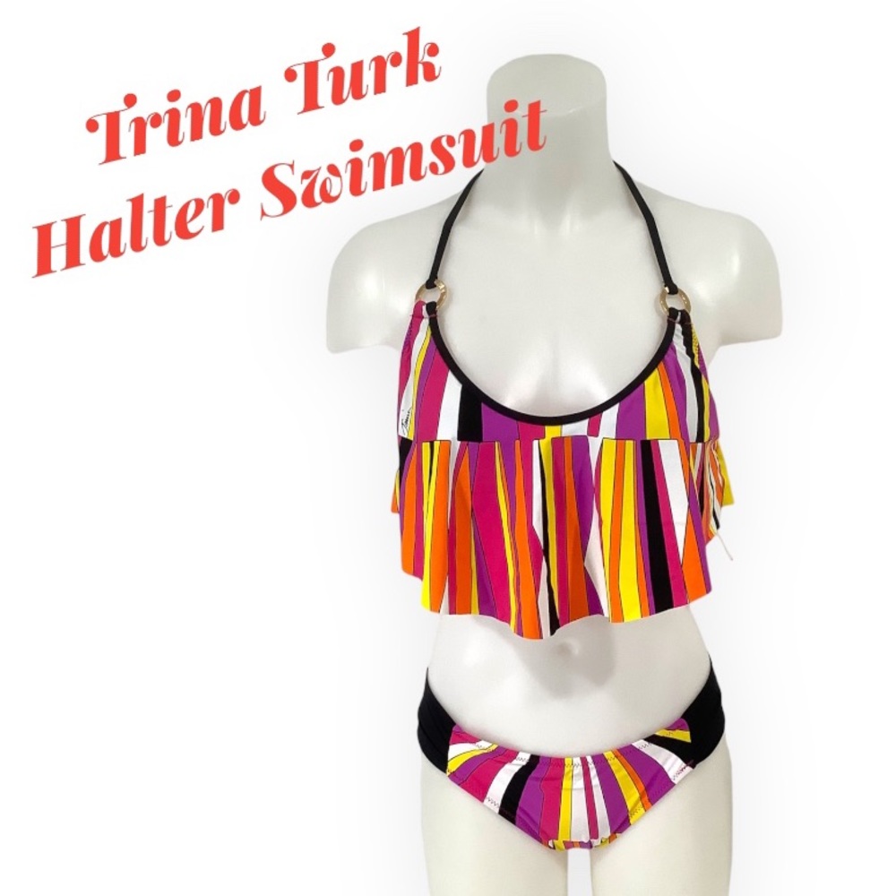 Nwt Trina Turk Multicolored Black Pink Purple Top And Bottom Swimsuit Set Size 6
